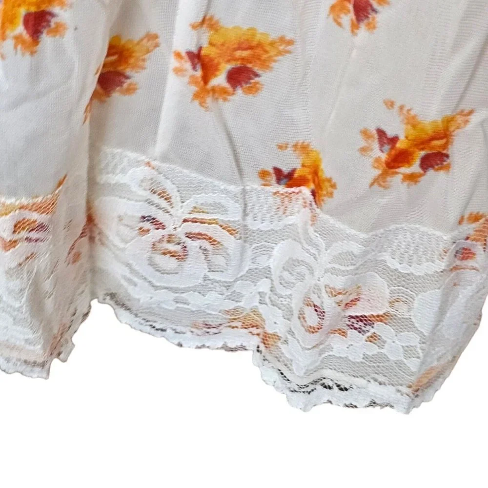 VTG Sheer‎ White Orange Floral Full Slip Sz M Lace Trim Poland 60s 70s Nylon